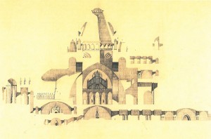 Coupe au crayon sur calque - Eglise - Projet de Roger Hummel